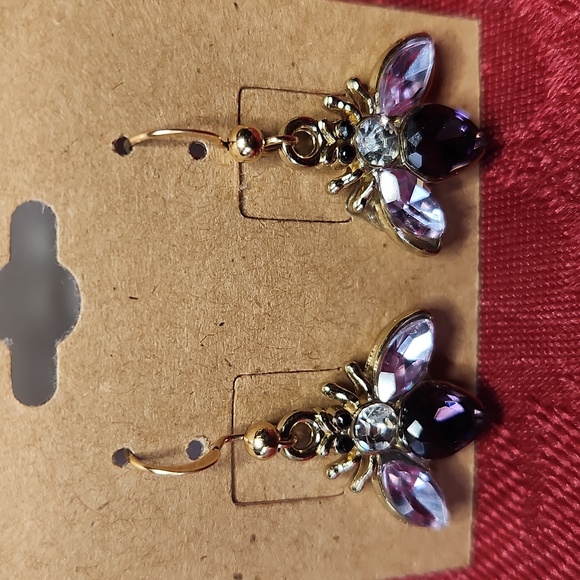 Hand Crafted Jewelry - “Queen Bee” Royal Purple/White Crystal Bees 14kt Gold Hook Earrings 1" Length